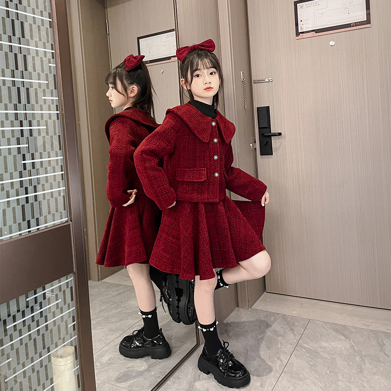 女童名媛小香风裙子套装秋冬款女孩洋气红色连衣裙两件套毛呢外套
