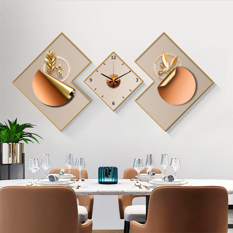 餐厅装饰画带挂钟组合三联画现代创意钟表壁画餐桌饭厅背景墙挂画