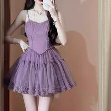 法式茶歇紫色吊带连衣裙子女夏季芭蕾风小个子收腰显瘦公主蓬蓬裙