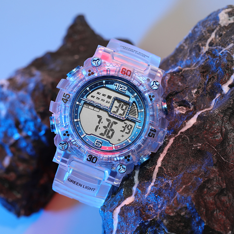 新款ins透明表带防水电子手表多彩色夜光青少年户外潮流学生手表
