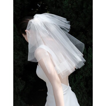 新娘双层头纱领证短款主婚纱长拖尾纱多层结婚登记求婚超仙拍照道