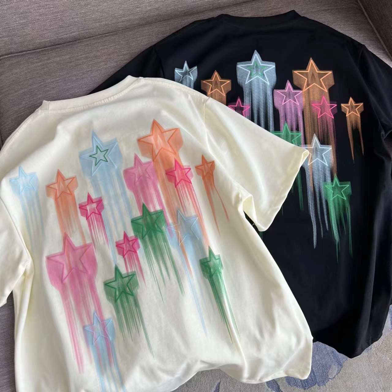 即墨原厂ader后背涂鸦星星24夏季新款发泡印花t恤宽松情侣款纯棉