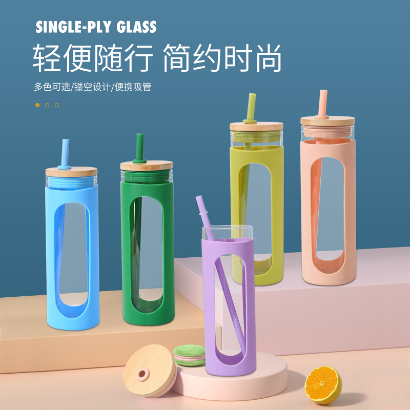 Creative Borosilicate Single-Layer Glass Men and Women Leisure Bar Tumbler Portable Wooden Lid Straw Cup Wholesale