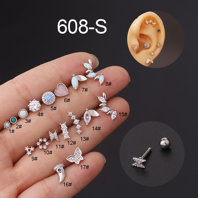 16G Titanium Steel Thick Pen Opal Stud Earrings Korean Popular Trendy Zircon Ear Bone Stud Piercing Earrings