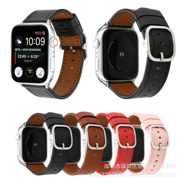 适用苹果手表iwatch6/se/5/4/3/2代时尚方扣真皮表带华为三星22m