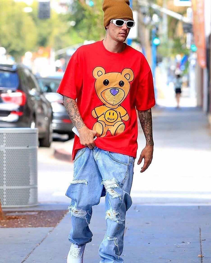 drew house 笑脸贾斯汀比伯fog高街直筒宽松破洞长裤水洗牛仔裤潮