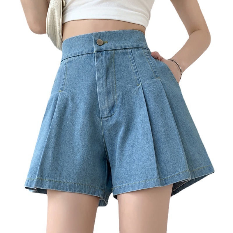 Women's plus Size 100.00kg Denim Washed Shorts Summer A- line Wide Leg Wide Elastic High Waist Hot Pants for Female Students