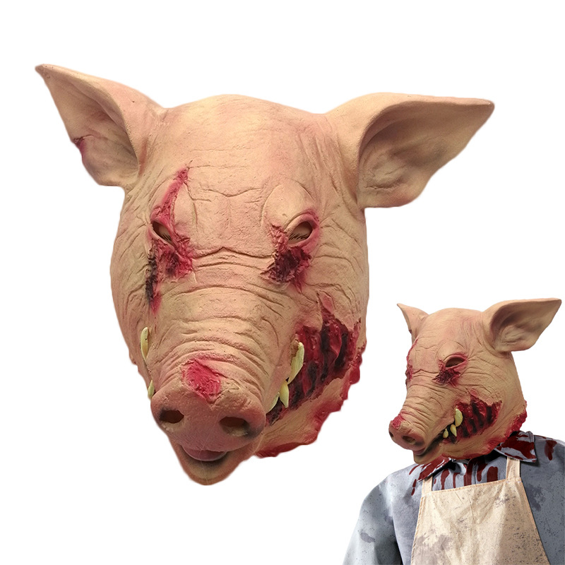 万圣节恐怖猪头面具乳胶动物道具电锯惊魂猪头人头套派对装扮道具