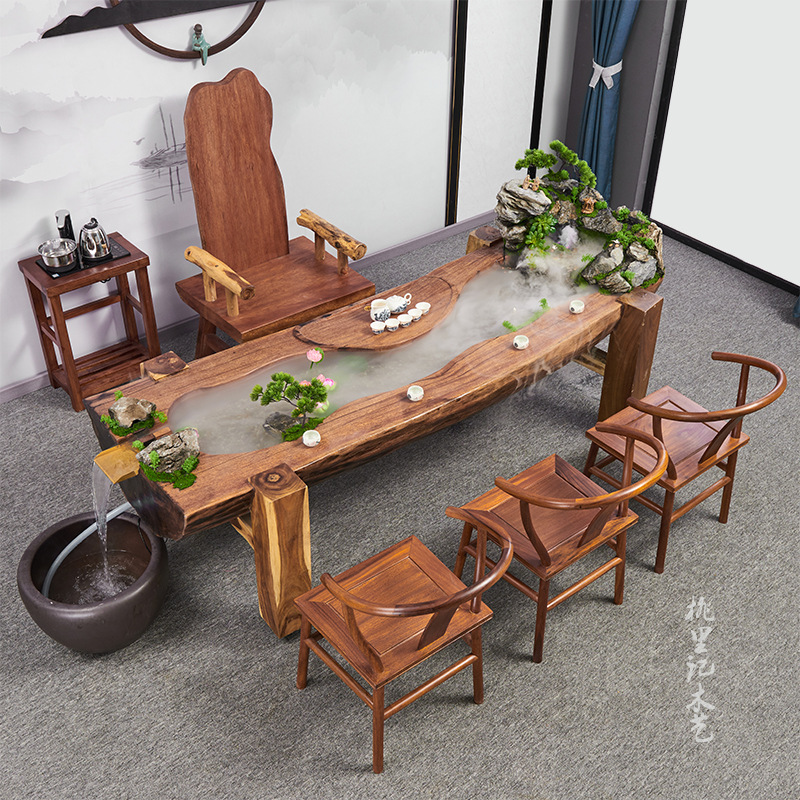 方形实木原生态仿古曲水流觞养鱼循环流水茶台微景观会所休闲茶几