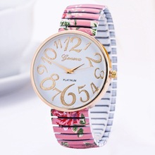彩色印花弹力带手表 12大数字时装饰品手表 跨境女士手表腕表