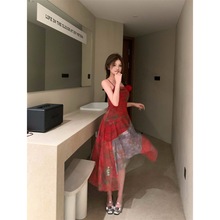 昕可达 爱尔兰小姐法式新年红高级感吊带长裙女夏季高腰A字连衣裙
