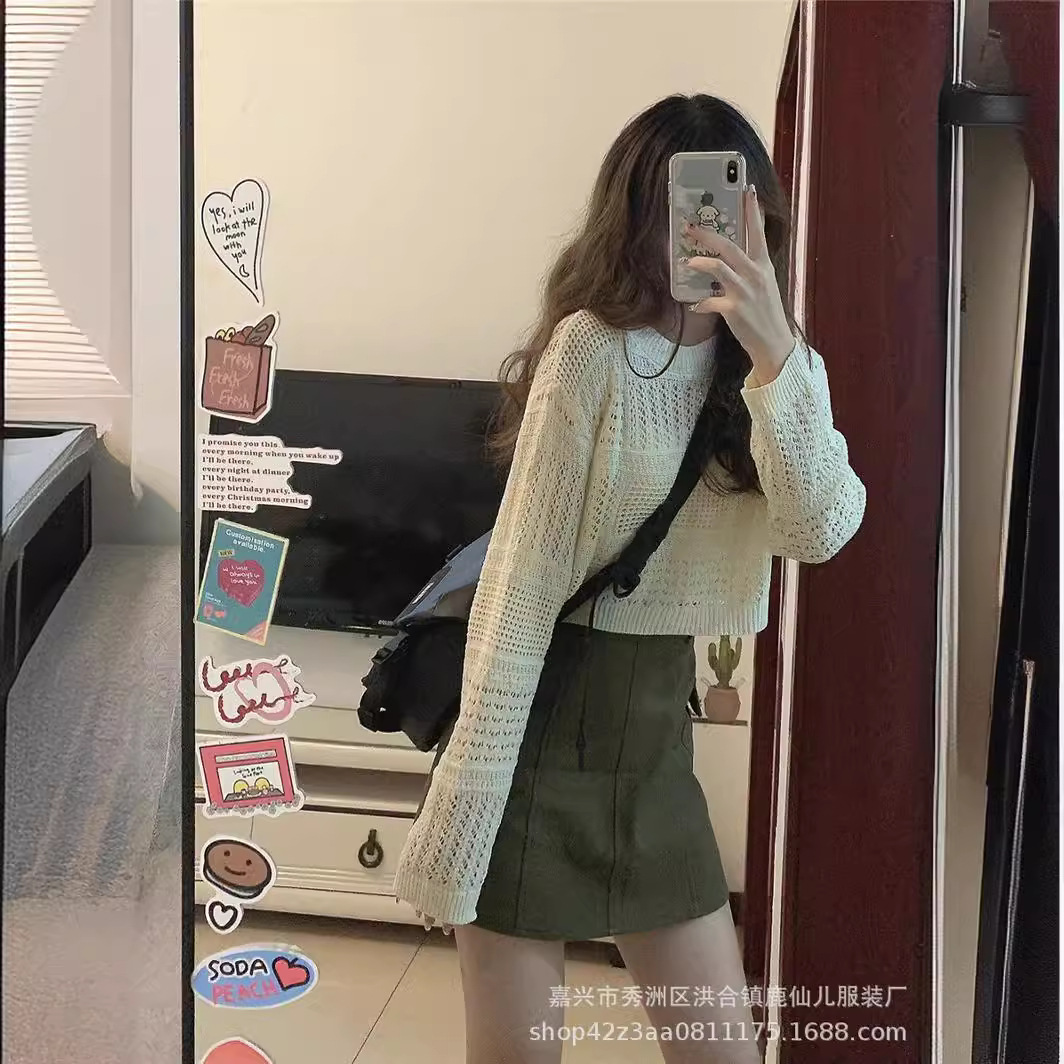 2024 Spring and Summer New Elegant Adult Lady like Woman Young Small Short Hollow Sweater Outwear Blouse Top for Women