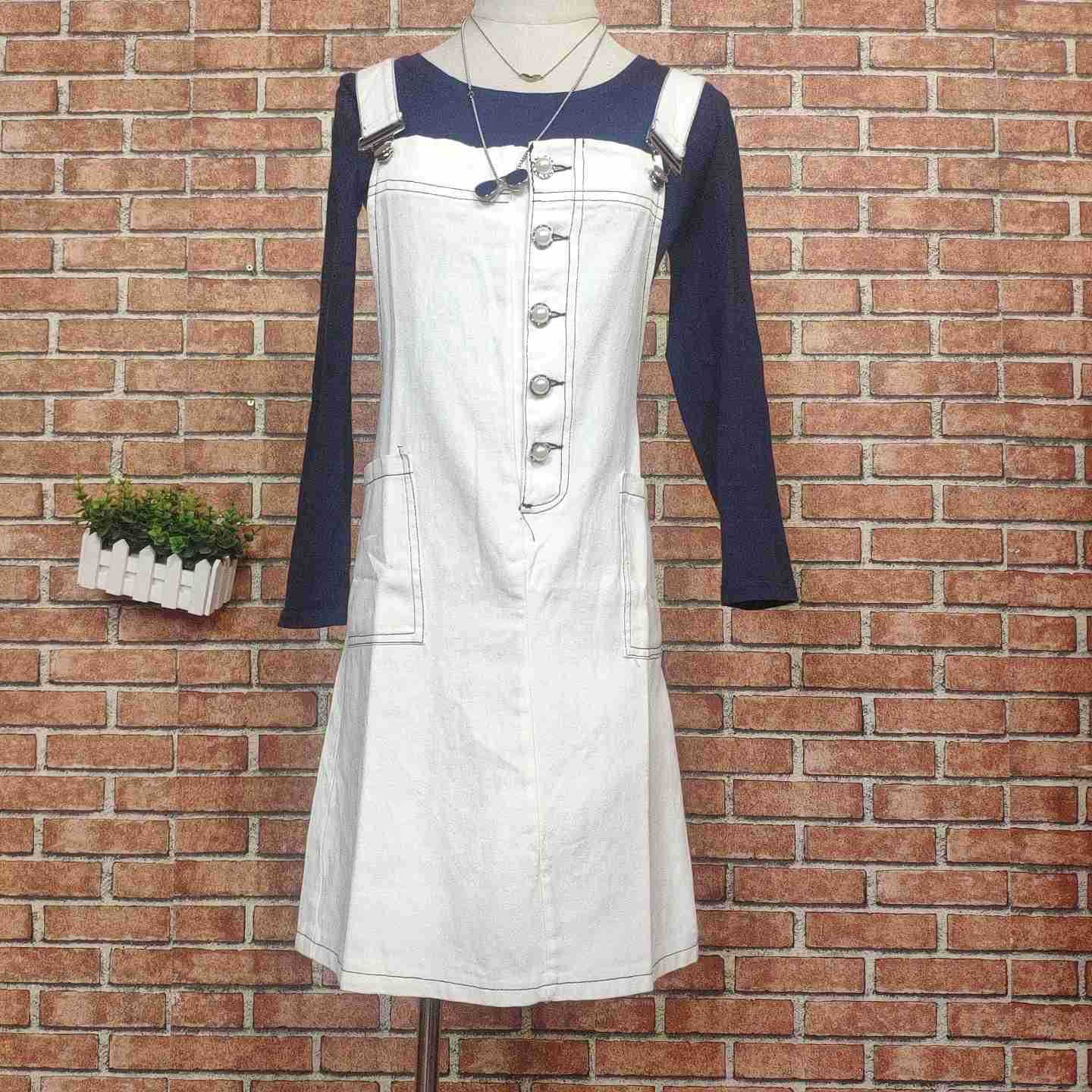 牛仔背带裙白色气质通勤包臀中裙直筒背带款纯色棉连衣裙