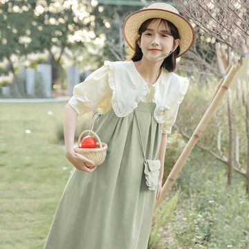 夏季森系学院风可爱减龄宽松背带连衣裙女学生 娃娃领衬衫两件套