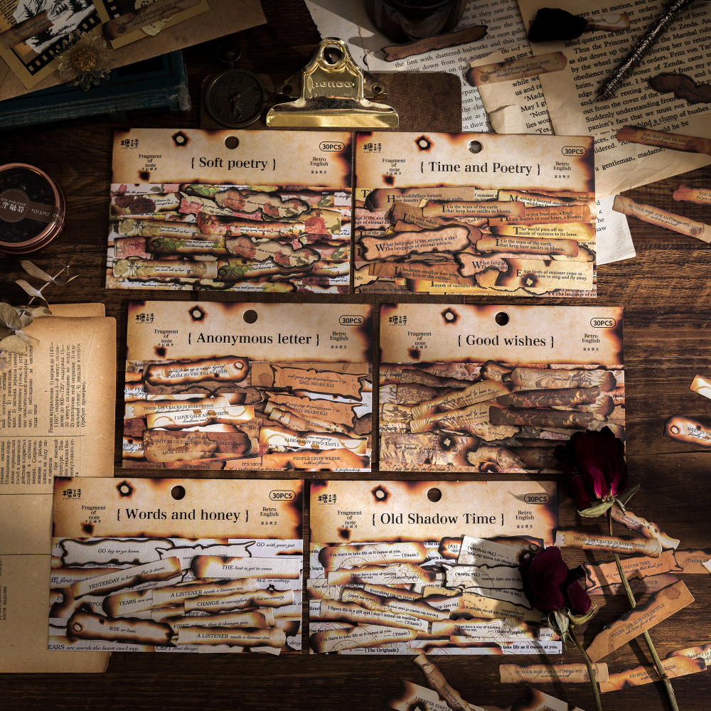 糖诗长条贴纸包 手记碎片系列 复古英文烧毁手帐装饰素材贴画6款