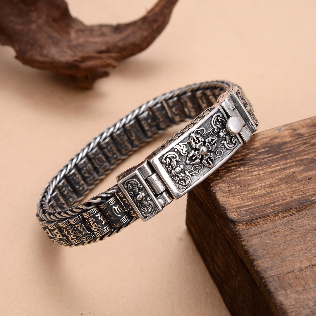 s925银路通转经筒手链男时尚转运珠六字真言个性复古做旧霸气手环