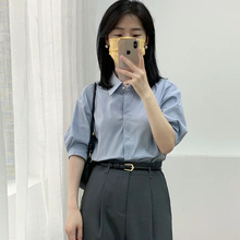 蓝色衬衫女夏短袖职业通勤教师穿搭公务员服装事业编教资面试套装