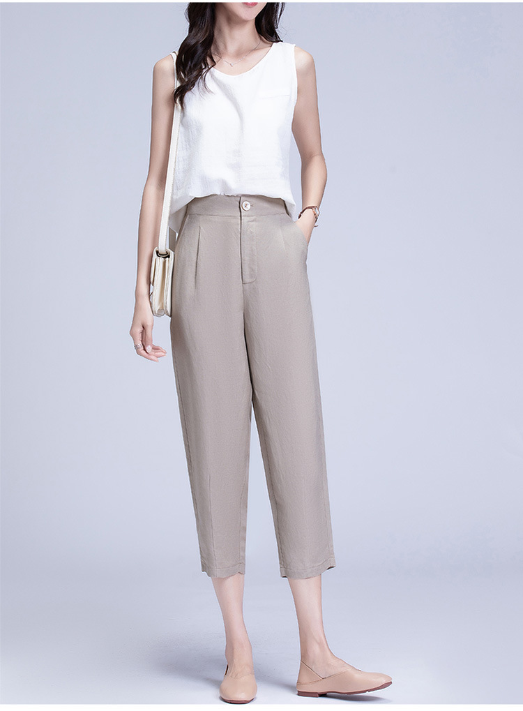 女裤夏季薄款亚麻哈伦裤子麻料小脚萝卜裤宽松休闲八分裤一件代发