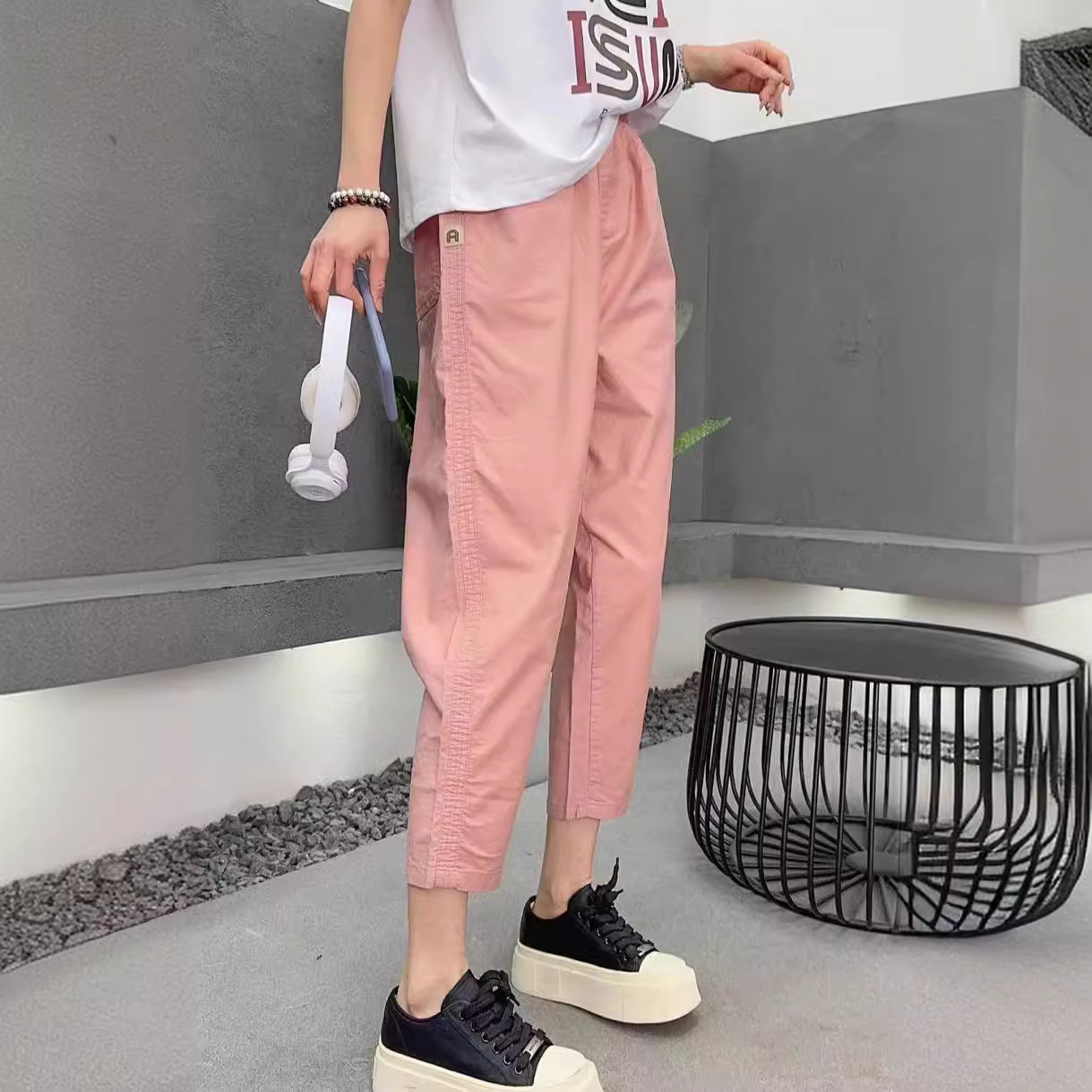 2024夏季新款 梭织棉纯色百搭显瘦小脚哈伦裤女-阿里巴巴