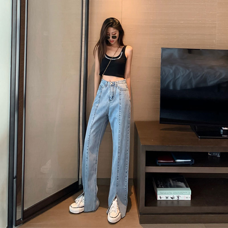夏牛仔裤套装女2020新款港风黑色露脐背心配泫雅开叉牛仔裤两件套