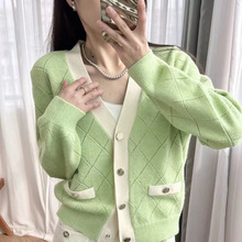 S家 2024早秋法式时尚简约小清新外套女V领镂空菱格毛针织开衫女