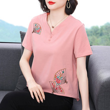 纯棉短袖T恤女复古刺绣2024年夏季新款中国风中老年妈妈女装批发