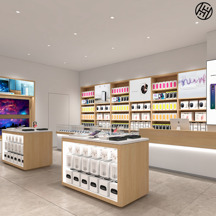 商场店铺展柜定做木质贴木皮电子产品展示柜中岛柜带灯手机展示柜