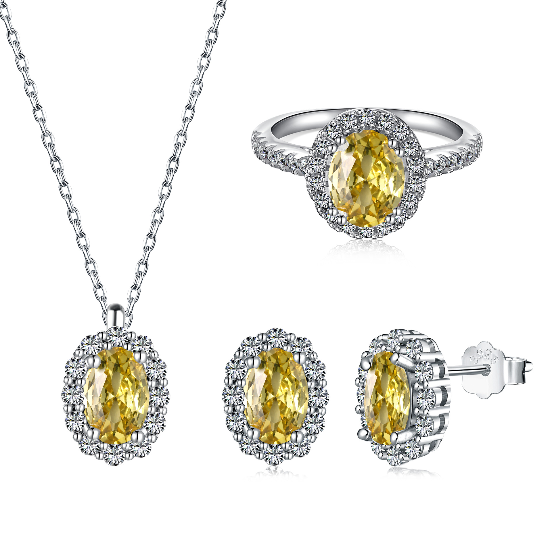 纯银戒指项链耳钉三件套装时尚轻奢风女士小众设计感珠宝饰品批发