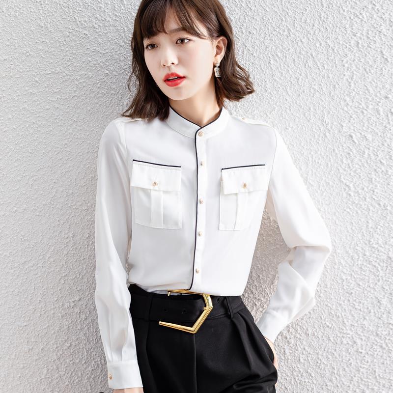 立领长袖雪纺衬衫女2022春装新款韩版大口袋气质女装上衣气质衬衣