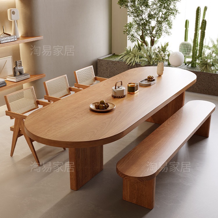 白蜡木餐桌椅组合北欧原木工作台家用实木吃饭桌餐书一体椭圆桌