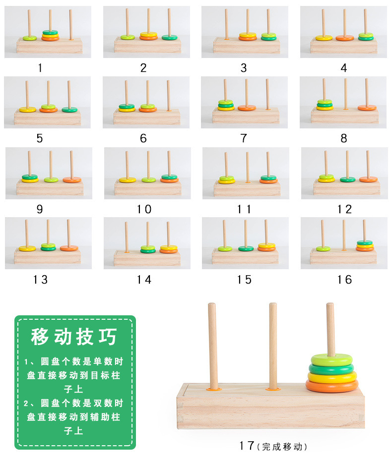 木质汉诺塔十层小学生早教儿童益智力游戏逻辑思维通关玩具河内塔