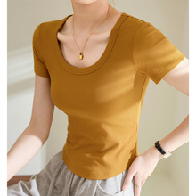 【用好料】弧形T恤女短袖2024夏季新款高弹螺纹棉短款圆领打底衫