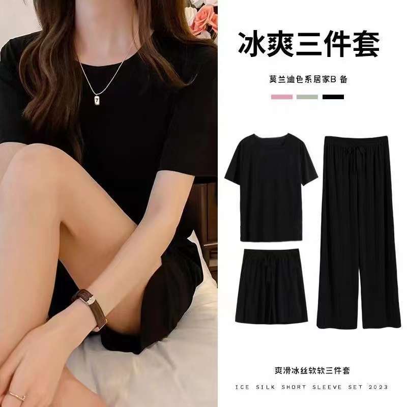 Summer New Soft Ice Silk Pajamas Three-Piece Suit Women's Homewear Casual and Comfortable Loose Short Sleeve Shorts Suit