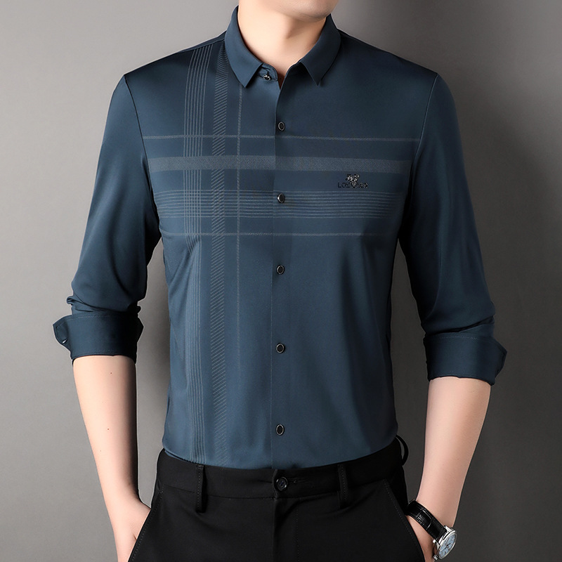男士衬衫2024春季商务休闲免烫男式打底衫时尚爸爸装潮流衬衣