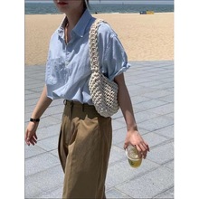 条纹衬衫女夏季2023韩版新款纯棉蓝色简约干净口袋短袖上衣设计感