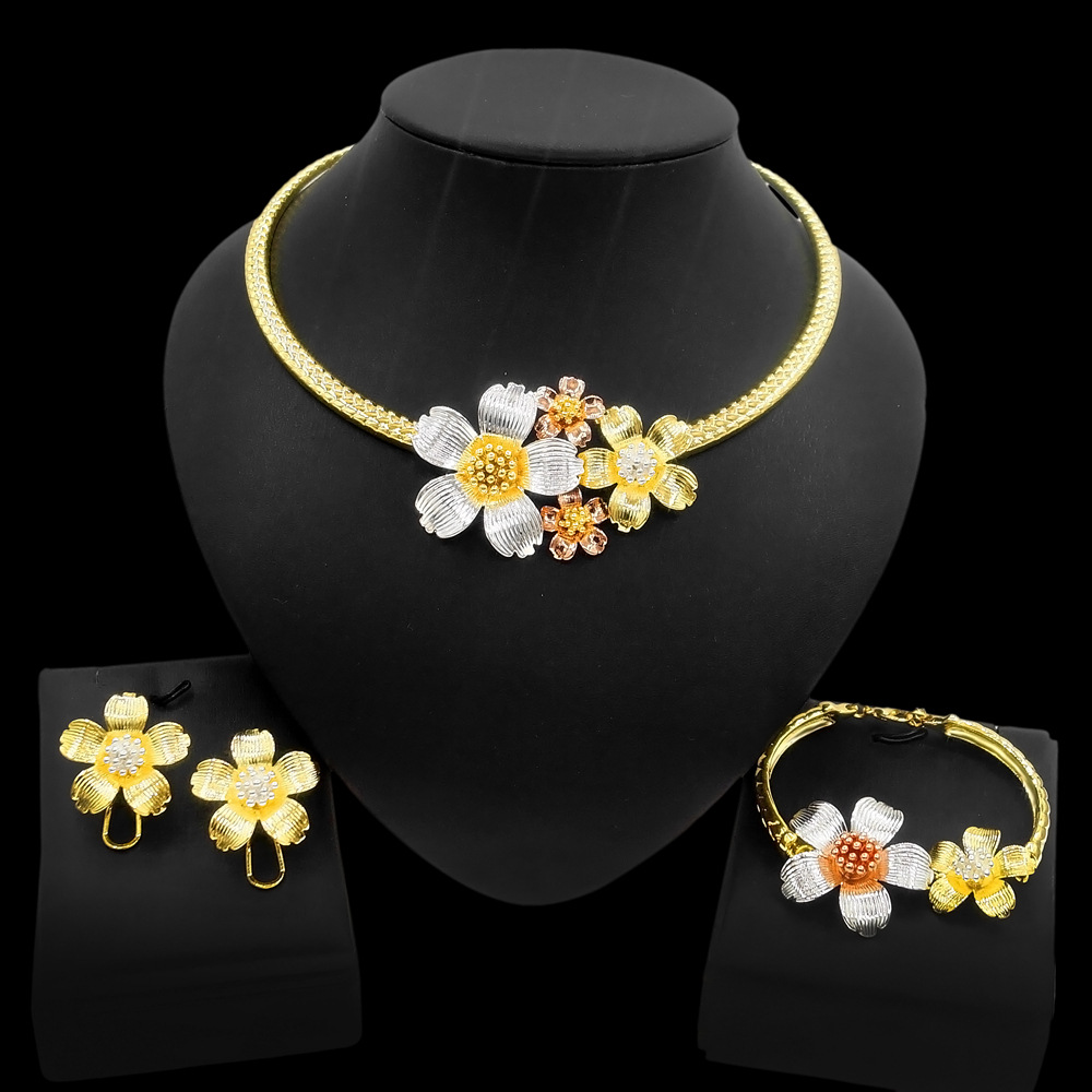 镀真金双层链条串珠吊坠项链耳坠手链首饰套装锌合金饰品三件套女