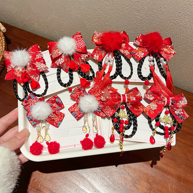 New Year Antique Children's Hair Accessories Red Style Headdress for Han Chinese Clothing Baby Bow Rabbit Hairpin Little Flowers Hairpin