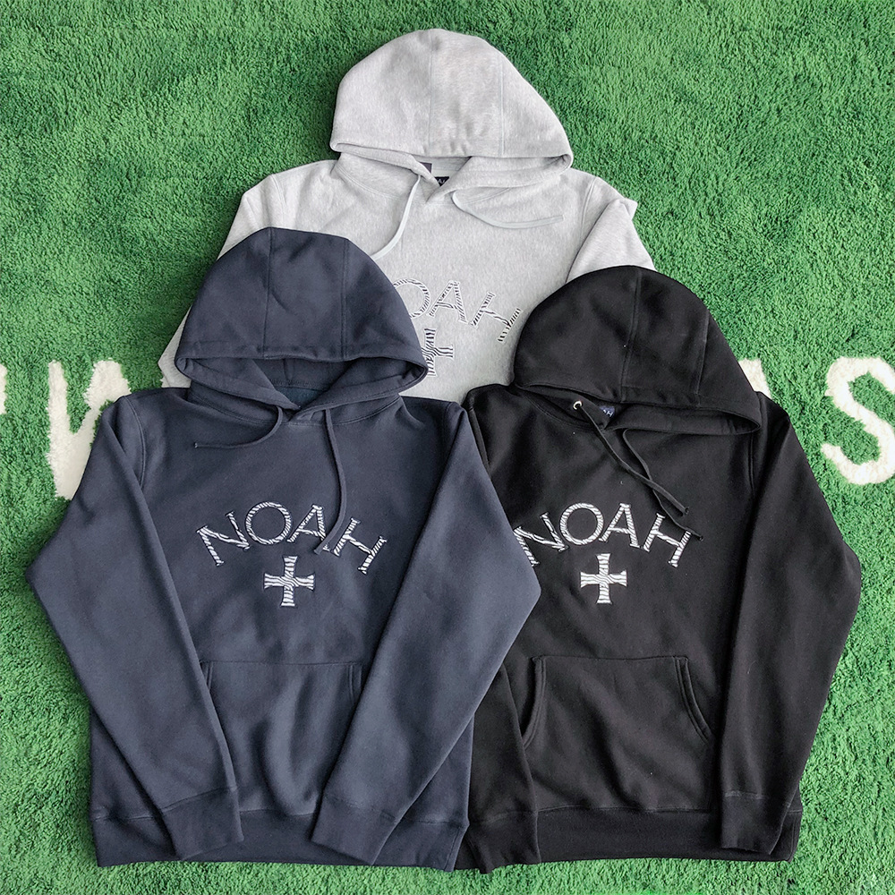 新款noah条纹刺绣logo加绒连帽卫衣美潮街头潮流宽松情侣连帽衫男