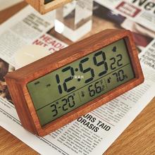 新款实木制作时钟简约温湿度1906时钟夜光床头钟大屏创意木头闹钟