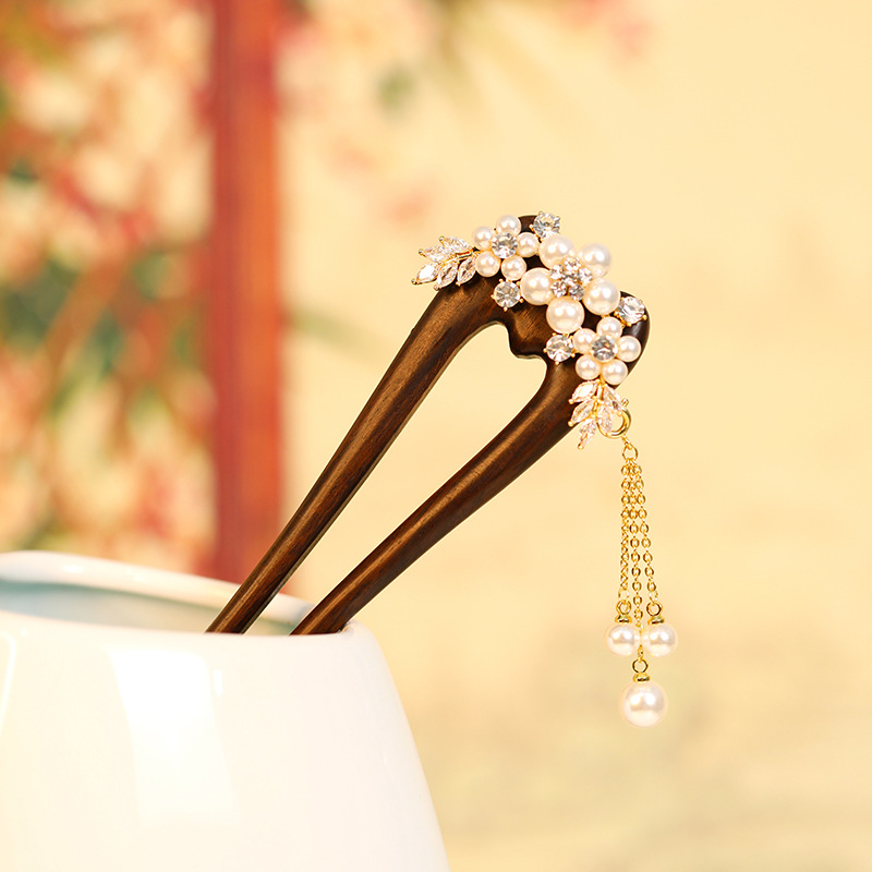 2023新款黑檀木发簪新中式古风简约汉服现代发簪珍珠流苏盘发双簪