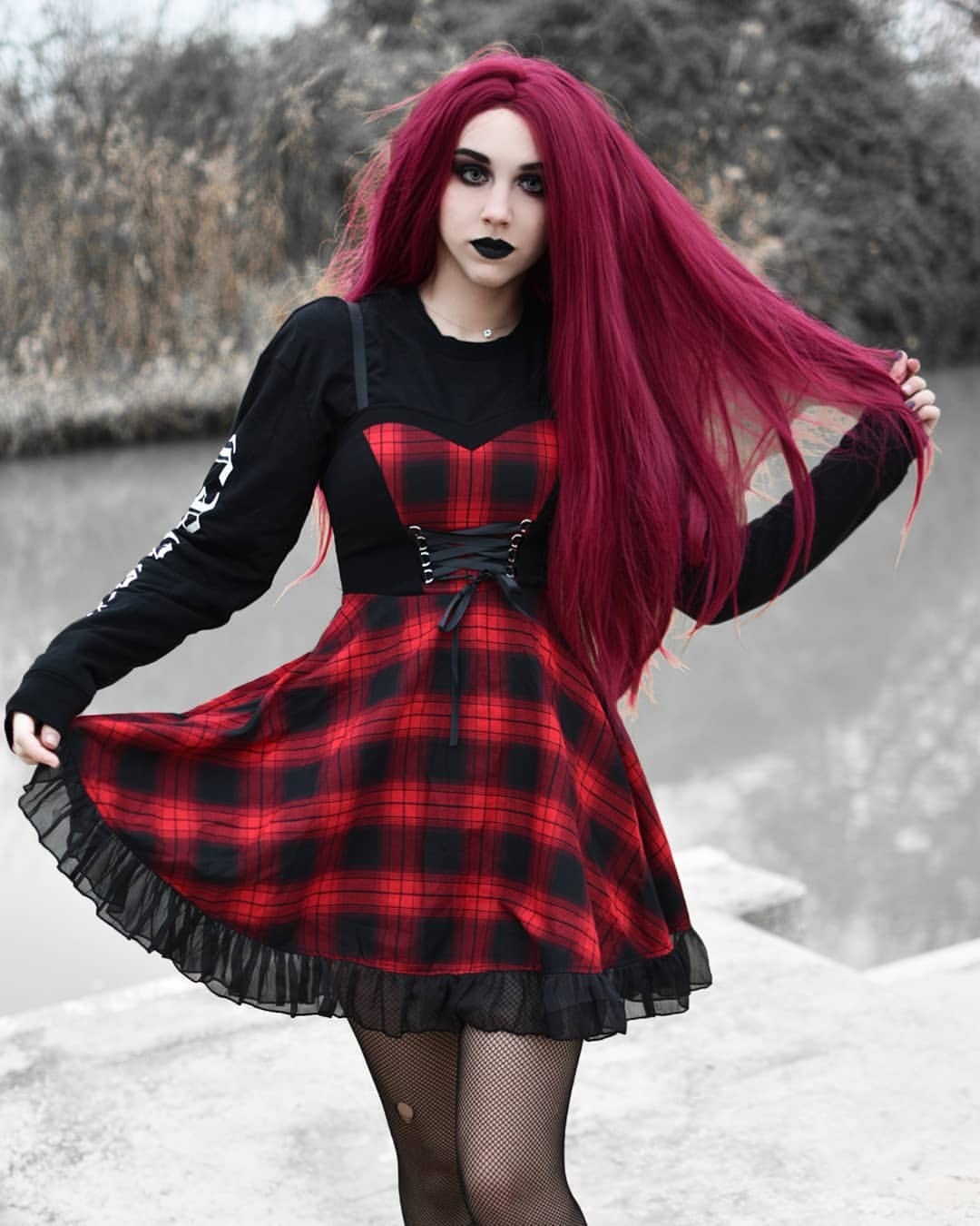 欧美哥特暗黑系格子吊带套头红色长裙显瘦裙子