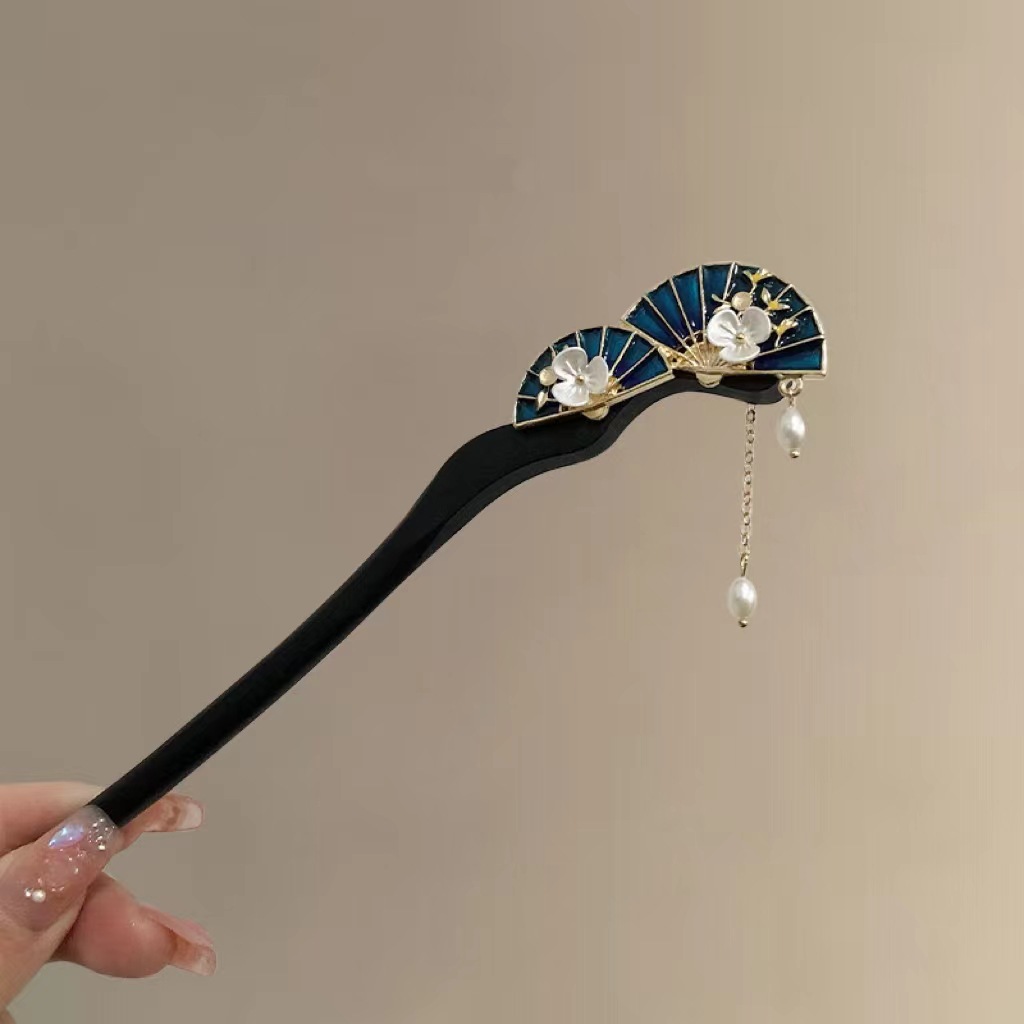 古风气质双扇子发簪白贝花朵流苏盘发木簪复古茶服旗袍汉服头饰女