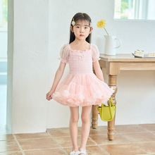 韩国女童网纱蕾丝连衣裙夏款洋气粉色星空公主裙超仙泡泡袖仙女裙