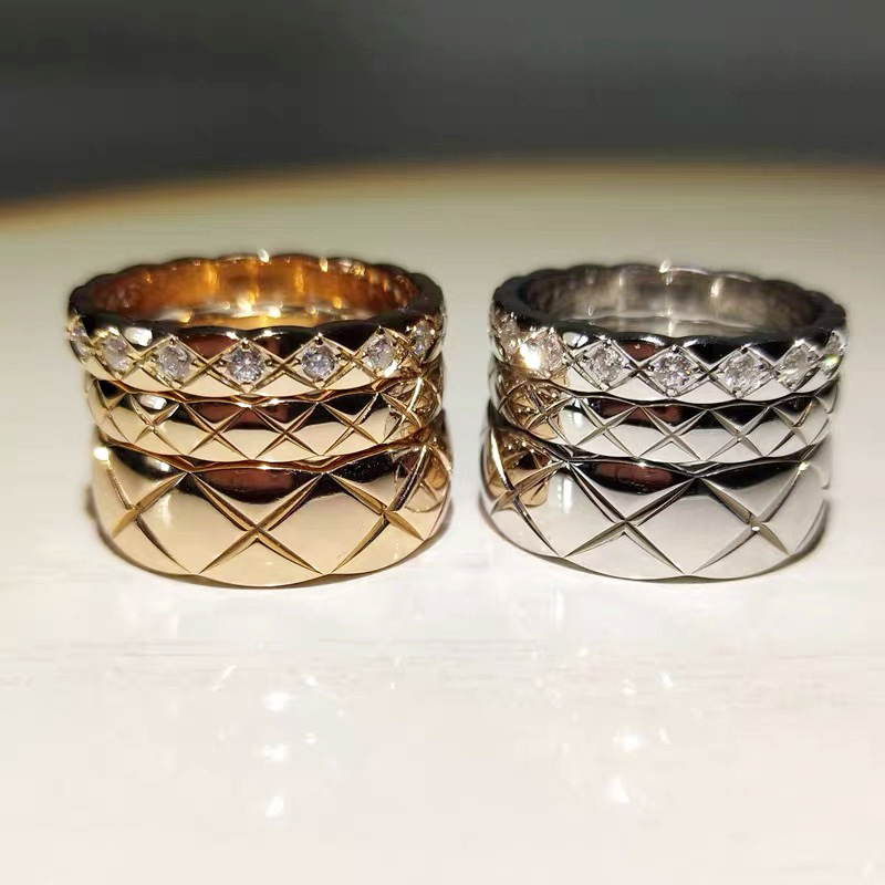 小香风coco菱格戒指镀18k菱形格纹宽窄版情侣款叠戴指环时尚百搭