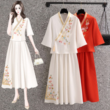 女式唐装两件套复古交领刺绣七分袖上衣改良中式汉服禅茶服裙套装