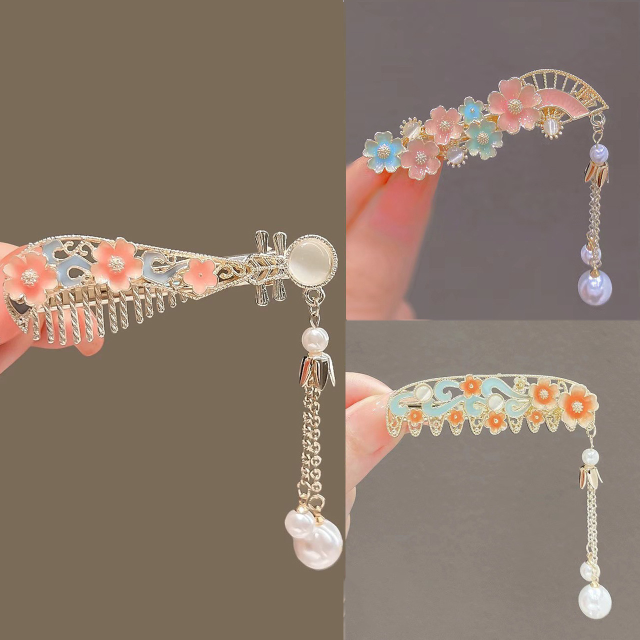 Antique Flower Pipa Barrettes Female Temperamental Bangs Clip Side Gap Former Red Hairpin Headdress for Han Chinese Clothing Fashion Duckbill Clip