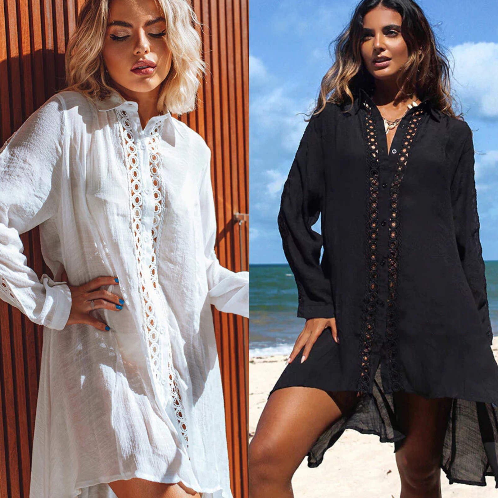 欧美棉竹节花边衬衣式沙滩外套比基尼罩衫度假泳衣外搭开衫防晒服