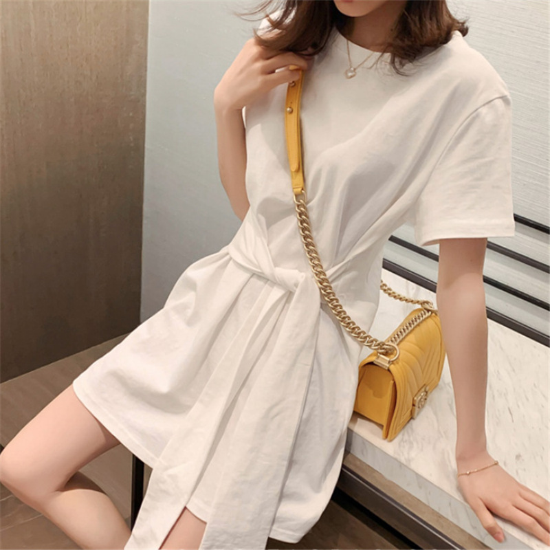 短袖连衣裙女2022夏装新款韩版收腰中长款t恤裙子小个子显瘦a字裙