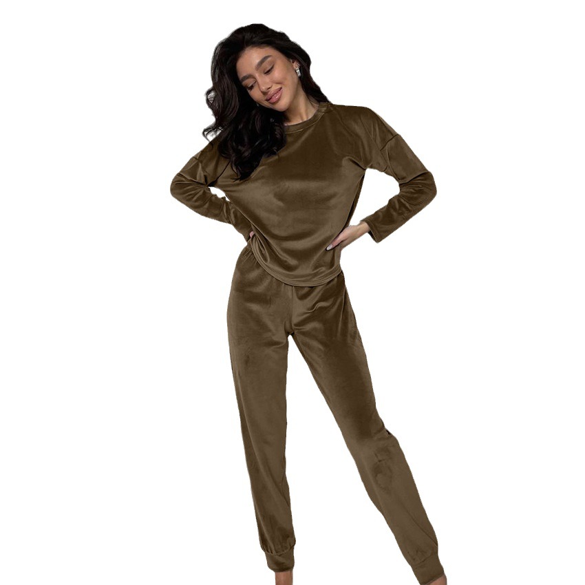 European and American Autumn Fashion Satin round Neck Women's Pajamas Two-Piece Set Comfortable Soft Long Sleeve Trousers Home Wear