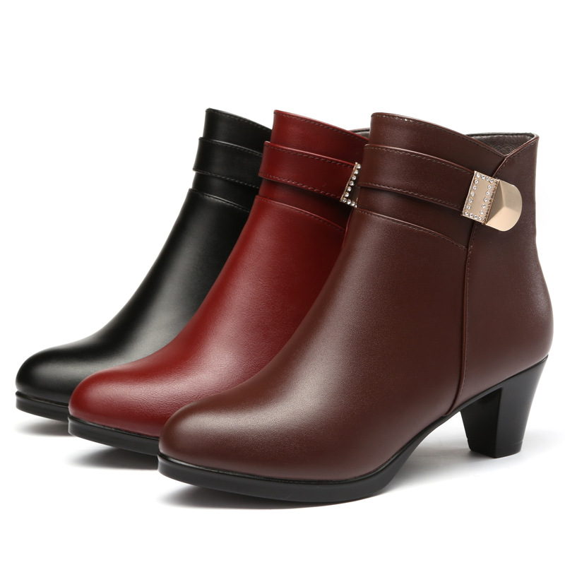 冬季加绒保暖女士棉皮鞋中跟妈妈棉鞋真皮秋季靴子棉皮靴短靴女鞋